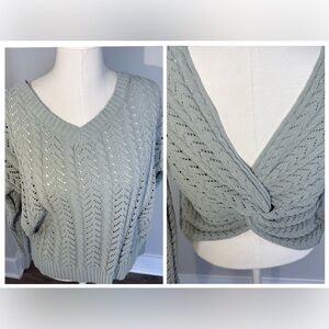 Jessica Simpson Twist Back Chunky Knit Cropped V Neck Sweater Sage Large Y2K